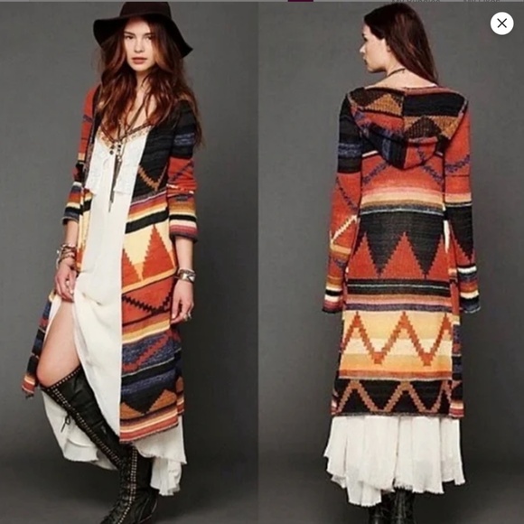 Free People Aztec Maxi Cardigan M Hood Boho Duster Festival Southwestern Western - Picture 1 of 13